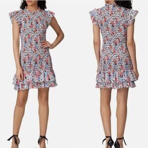 Veronica Beard Cici Dress Elasticized Smocking Floral Tiered Ruffle Trim Size 12